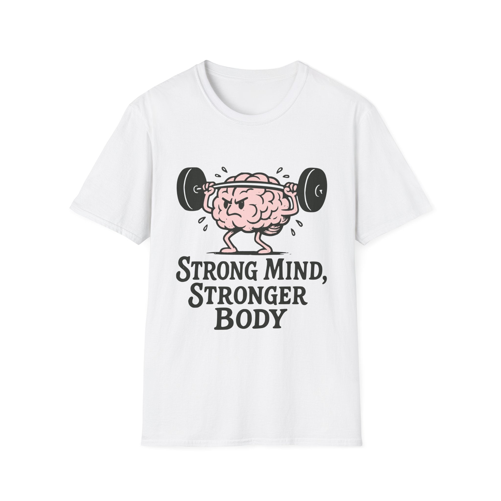 Strong Mind Stronger Body T-Shirt with Brain and Dumbbell Design