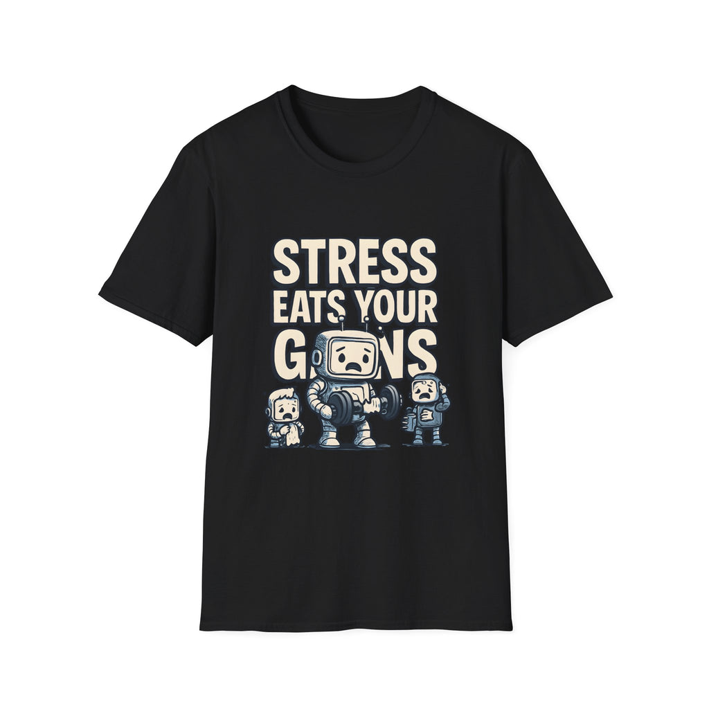Stress Eats Your Gains – Funny Gym Robot T-Shirt