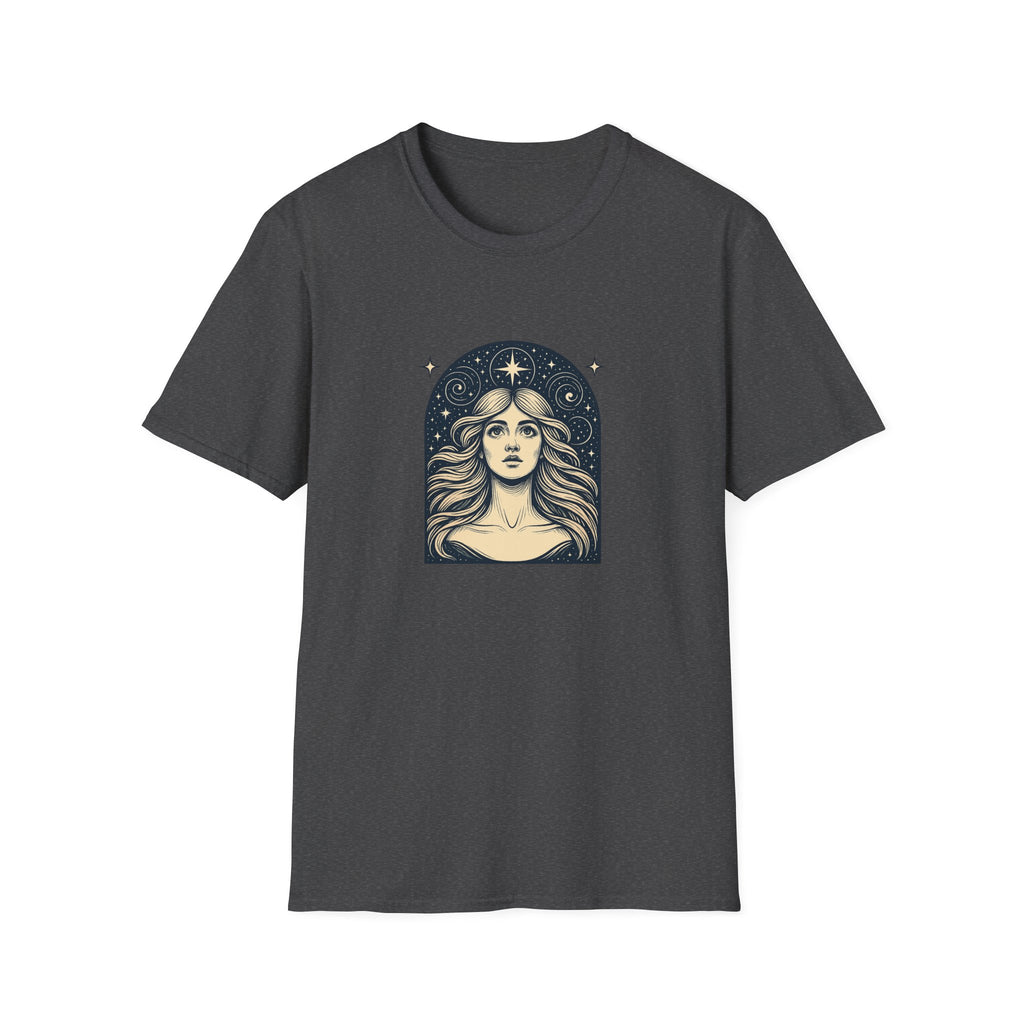Starry Gaze Goddess – Mystical Celestial Woman T-Shirt