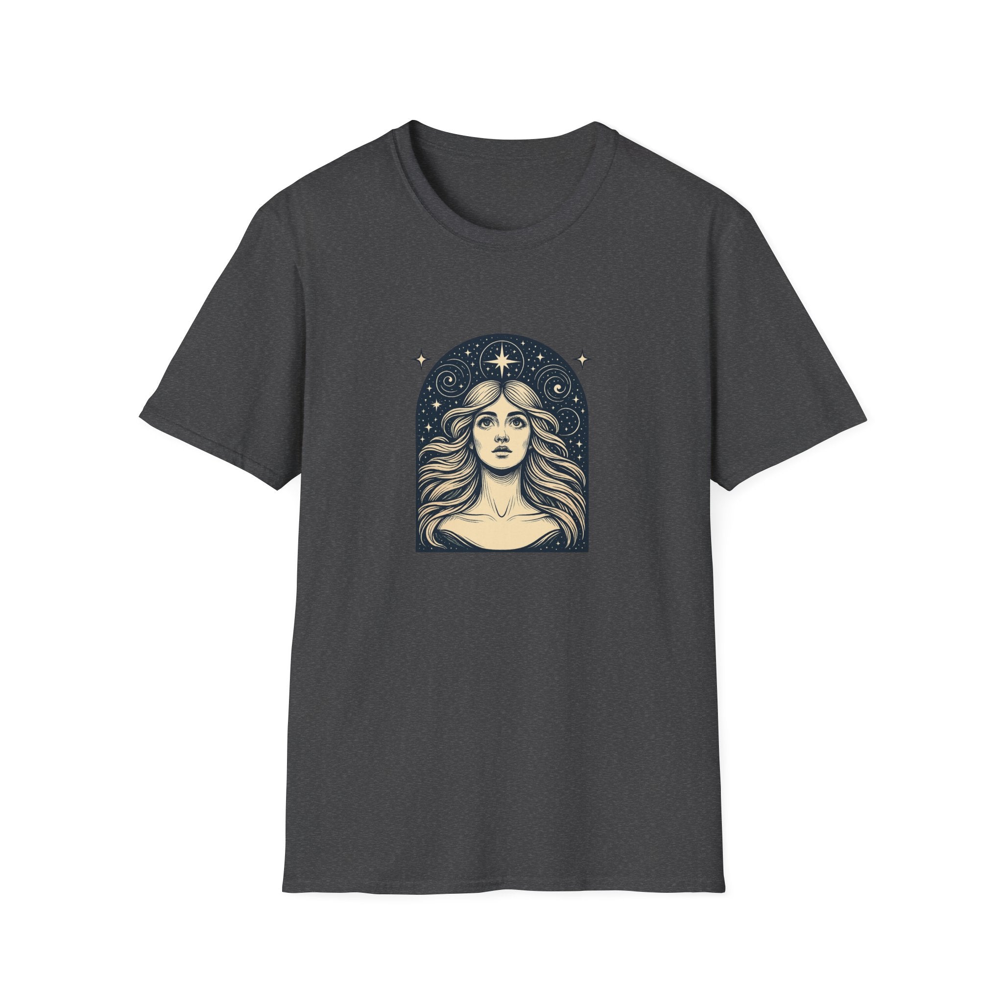 Starry Gaze Goddess – Mystical Celestial Woman T-Shirt