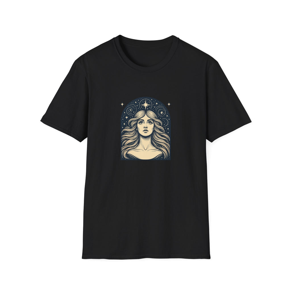 Starry Gaze Goddess – Mystical Celestial Woman T-Shirt