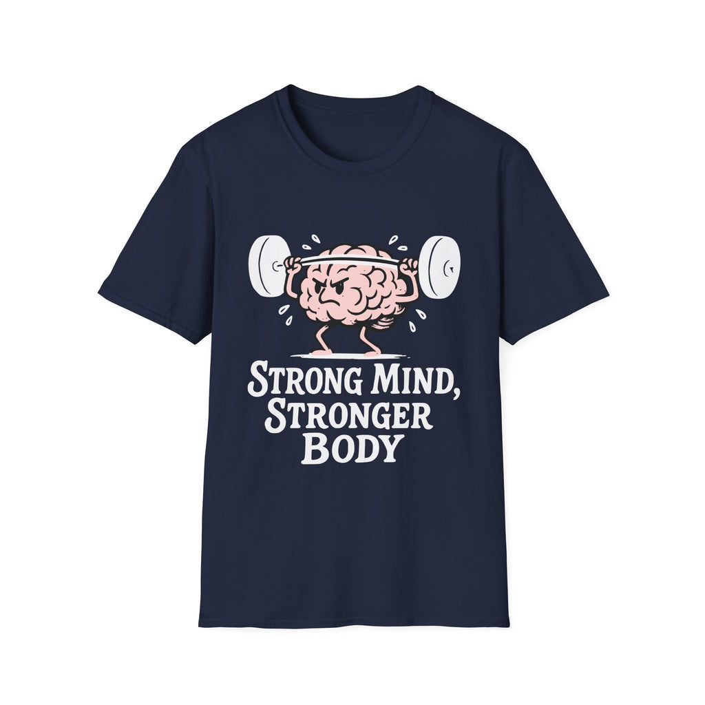 Strong Mind Stronger Body T-Shirt with Brain and Dumbbell Design