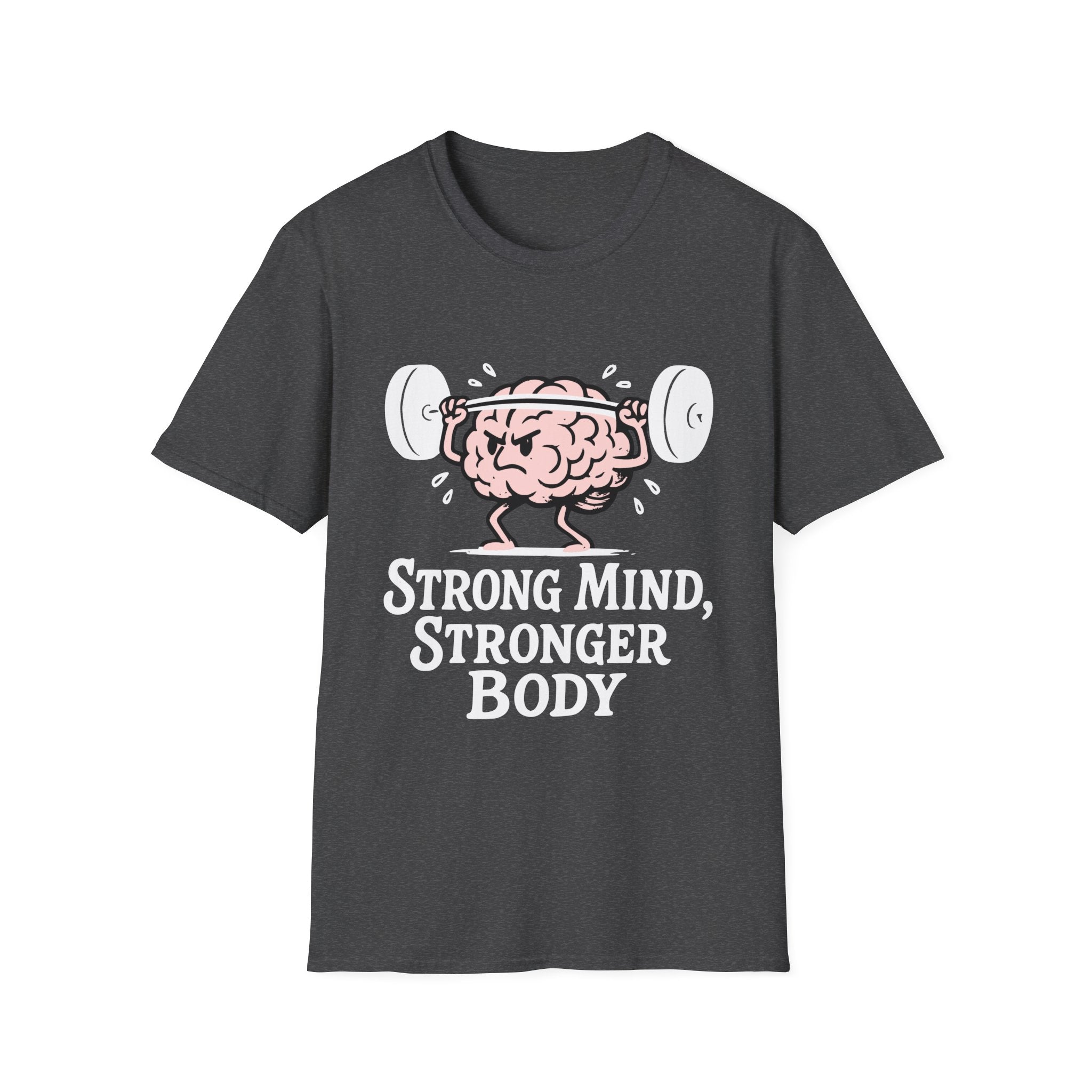 Strong Mind Stronger Body T-Shirt with Brain and Dumbbell Design