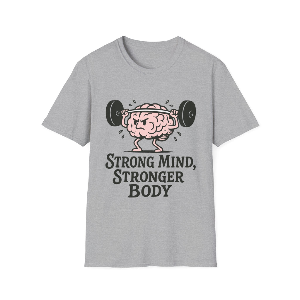 Strong Mind Stronger Body T-Shirt with Brain and Dumbbell Design