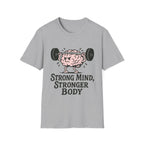 Strong Mind Stronger Body T-Shirt with Brain and Dumbbell Design