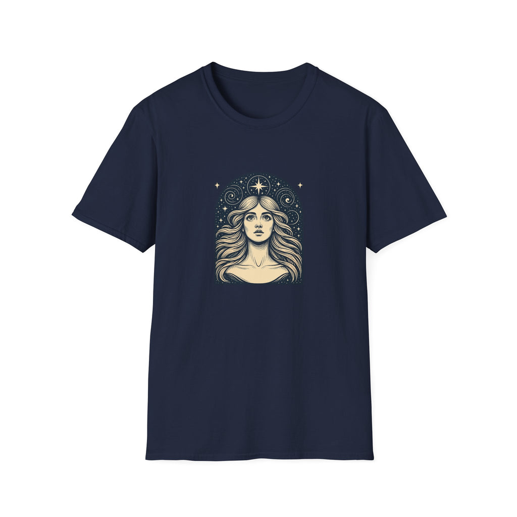 Starry Gaze Goddess – Mystical Celestial Woman T-Shirt