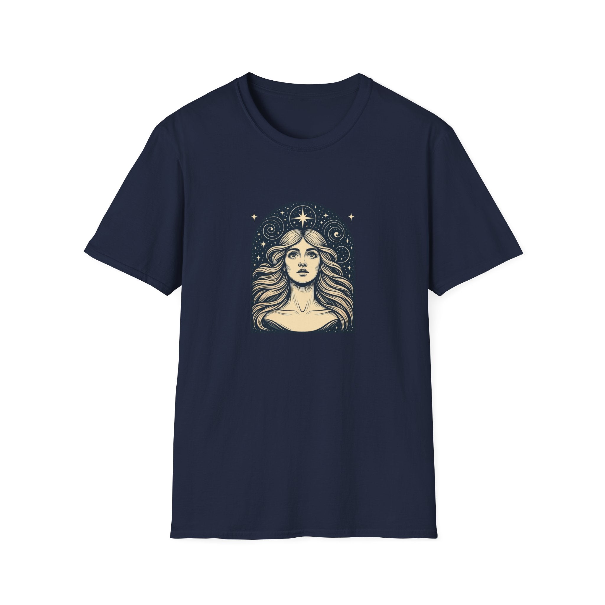 Starry Gaze Goddess – Mystical Celestial Woman T-Shirt