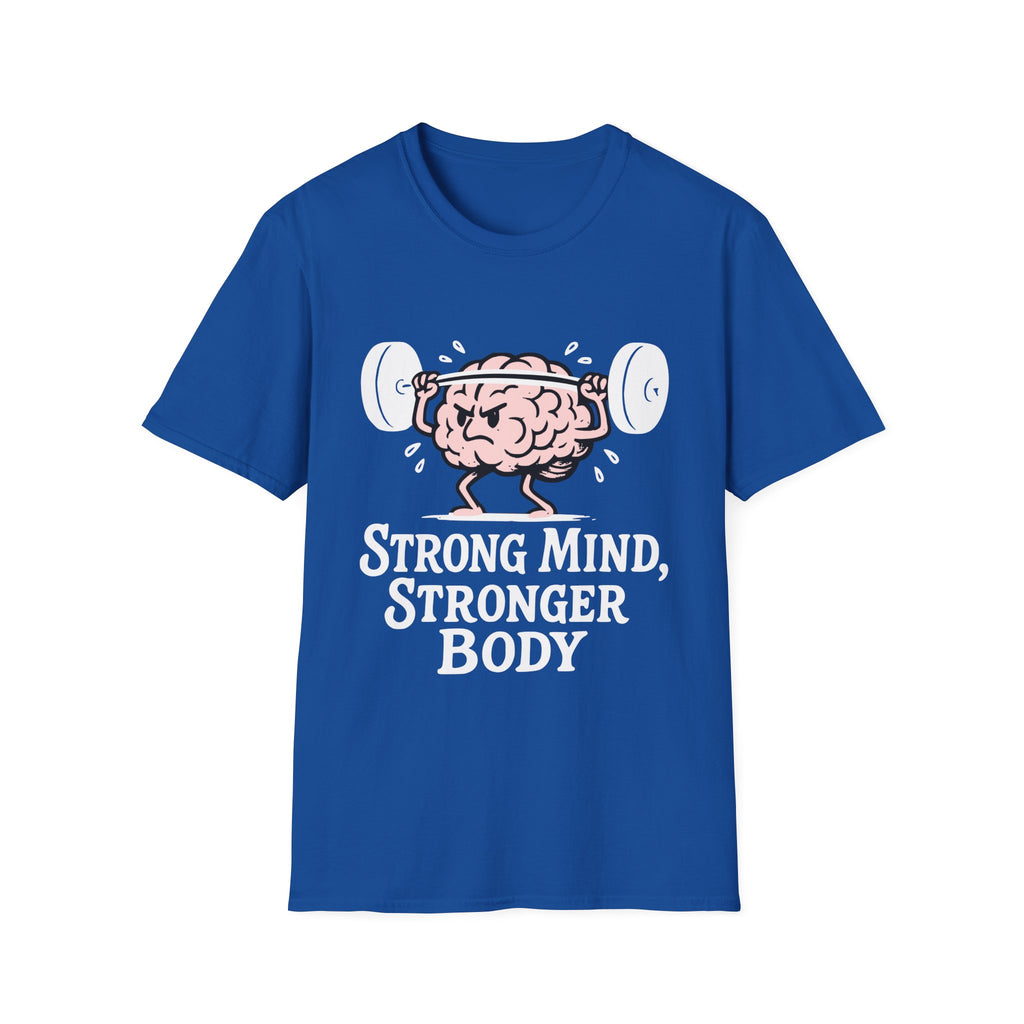 Strong Mind Stronger Body T-Shirt with Brain and Dumbbell Design