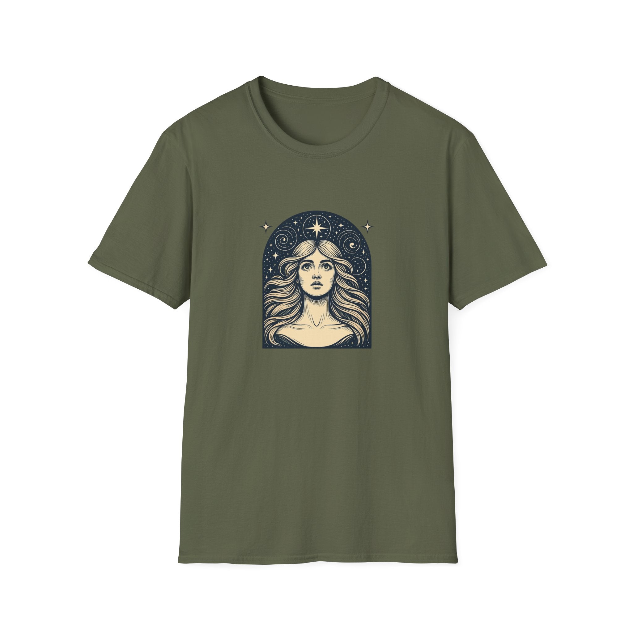 Starry Gaze Goddess – Mystical Celestial Woman T-Shirt