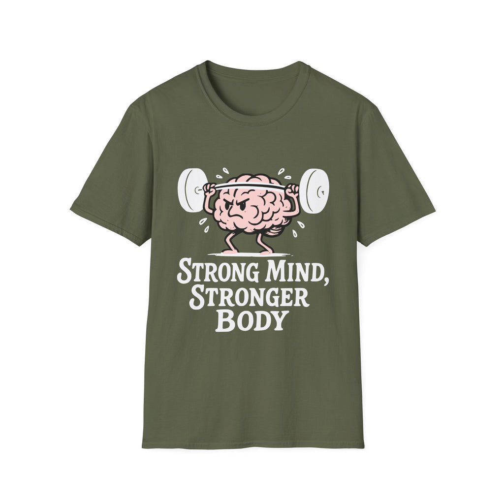 Strong Mind Stronger Body T-Shirt with Brain and Dumbbell Design