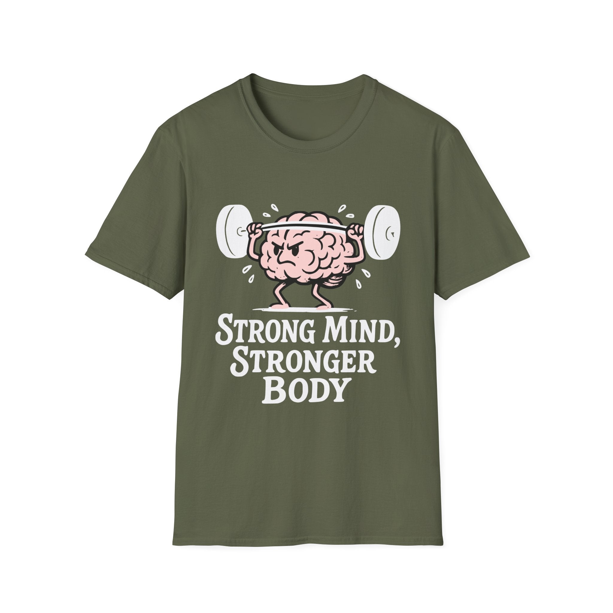 Strong Mind Stronger Body T-Shirt with Brain and Dumbbell Design