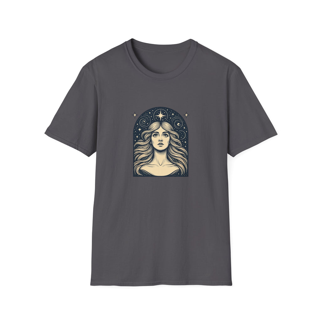 Starry Gaze Goddess – Mystical Celestial Woman T-Shirt