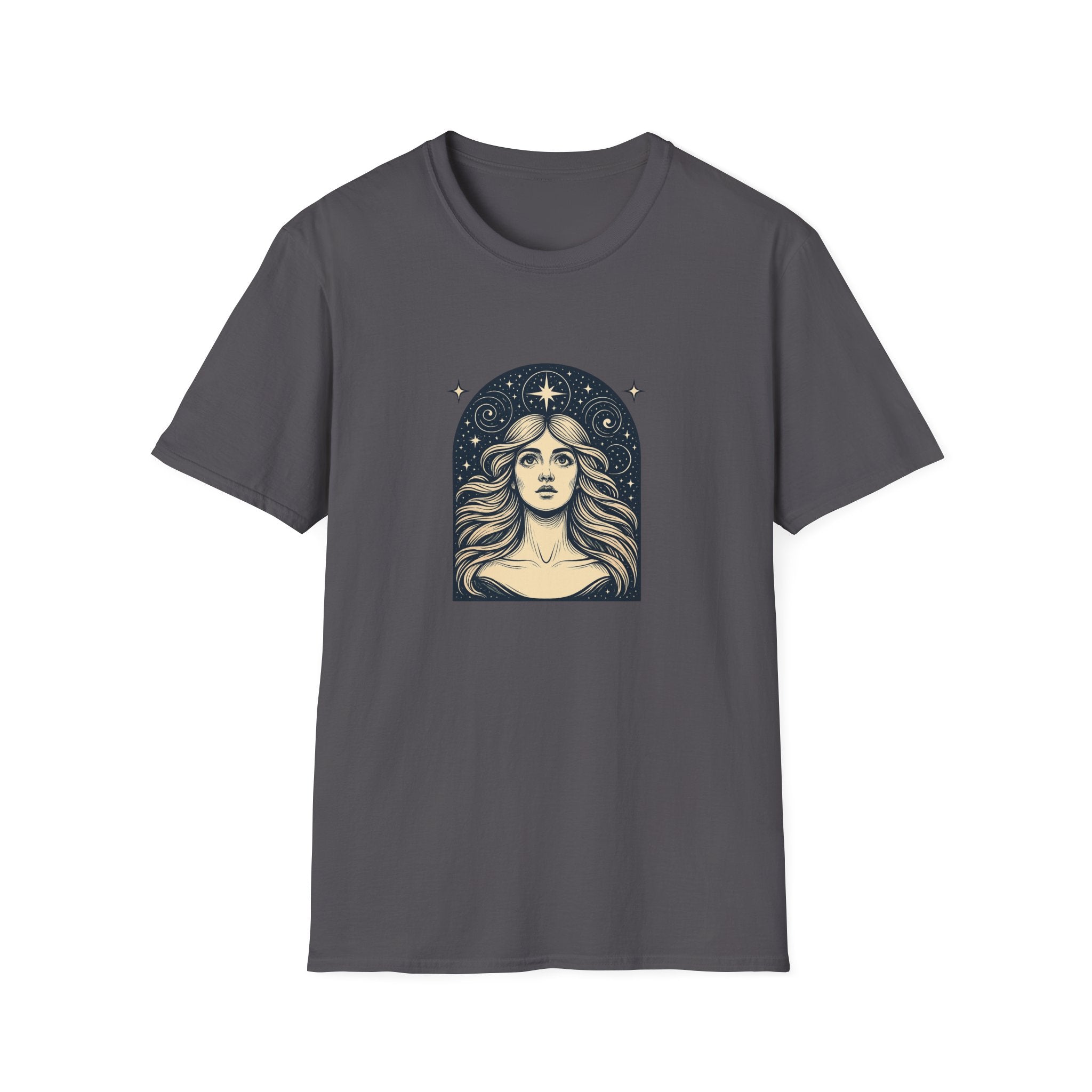 Starry Gaze Goddess – Mystical Celestial Woman T-Shirt